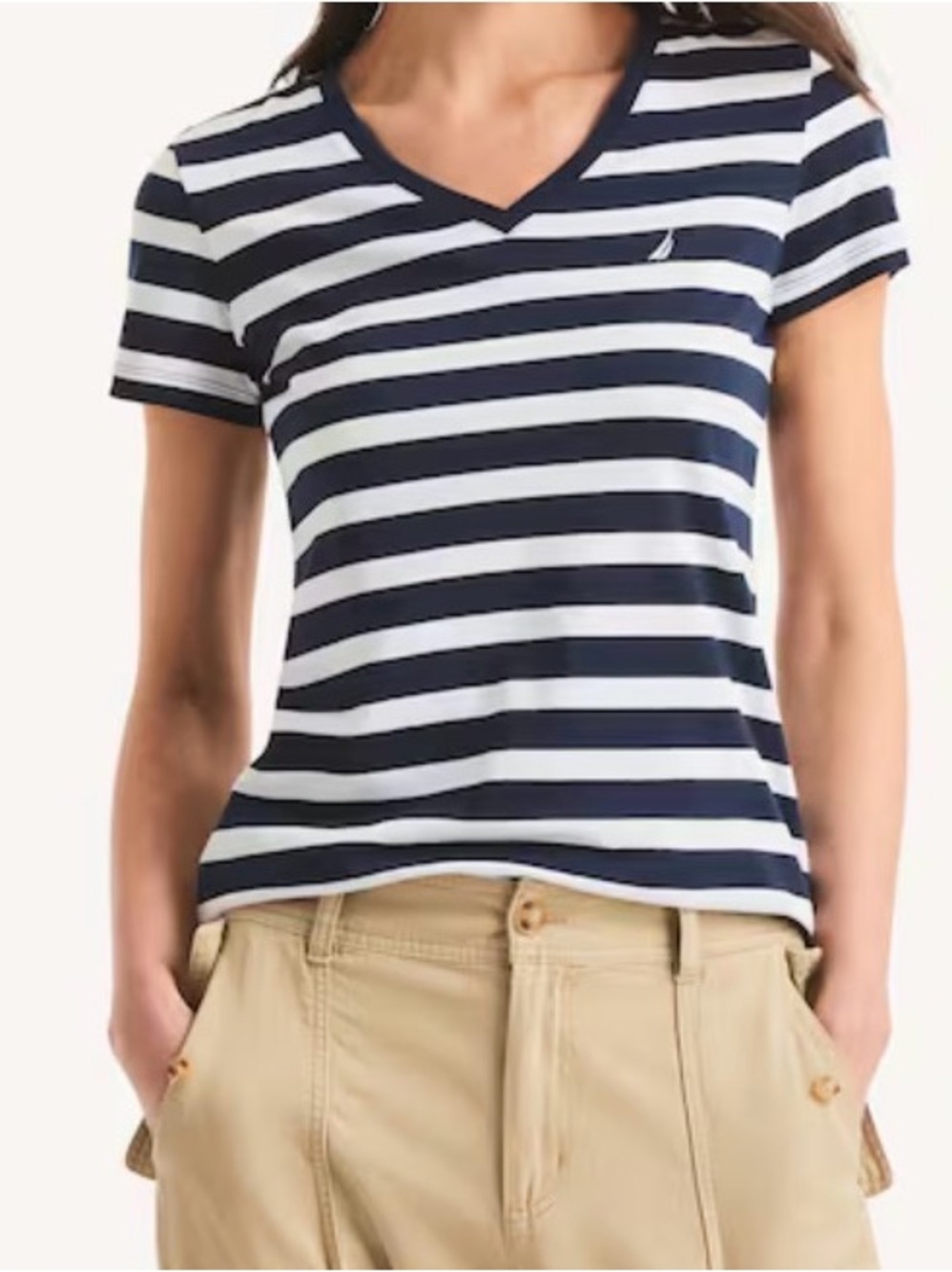 Nautica Women's V-Neck Short Sleeve Logo Tee Navy Striped Medium Nautical NEW